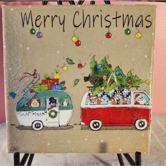 DECOUPAGE CANVAS PRINTS CHRISTMAS VAN AND TRAILER - Picture 1 of 1